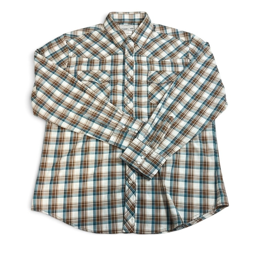 Wrangler Wrancher Western Snap Shirt Large Brown Teal Plaid MTW1496 Long Sleeve